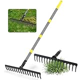 Rechen Garten Länge Einstellbar 75-158cm,Harke Garten mit Stiel Gartenrechen Metall mit 16 Stahlzinken, Rasenrechen für Lockern von Boden und Nivellieren von Rasen,Hof,Rasenharke Robust und Langlebig