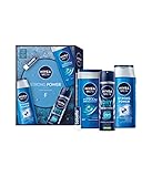 NIVEA MEN Strong Power Geschenkset, Geschenkbox mit starken Pflege-Favoriten für einen aktiven Lifestyle, Pflegeset mit Duschgel, Shampoo, Deo und Labello for Men