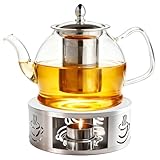 1.2L Teekanne aus Glas mit Stövchen und Siebeinsatz, Glasteekanne mit integriertem Abnehmbare Edelstahl Sieb und Glasdeckel, Glas Teebereiter tropffrei für Losen Tees Fruchttee Duftender Teebeutel