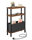 CHOEZON 3-stufiger schmaler Beistelltisch mit Ladestation für kleine Räume, Nachttisch mit herausnehmbarer Schublade aus Vlies, für Schlafzimmer, Wohnzimmer, Büro, Vintagebraun und Schwarz DTBZ07CBF