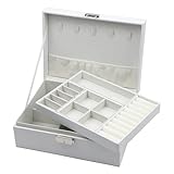 Homeanda Schmuckkästchen Damen Schmuckschatulle mit Schlüssel - Schmuckbox aus Leder - Groß - Weiß