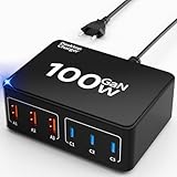 USB C Ladegerät, 100W 6-Port USBC Ladestation mit 3 USB-C und 3 USB-A, Mehrfach USB Ladegerät Schnellladegerät Charger Netzteile für iPhone 16 15 14 13 Pro Max, iPad, Samsung, MacBook, Handys