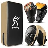 Odoland Handpratzen Set mit PU Pratzen Schlagpolster 6OZ Boxhandschuhe für Boxsack Boxen Kickboxen Boxtraining Kampfsport Pratze Thai Kick Boxen Pratzen Schwarz