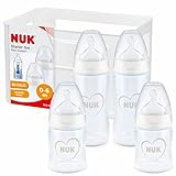 NUK First Choice+ Babyflaschen Starter Set | 0–6 Monate | 4 x Babyflasche mit Temperaturkontrolle & Flaschenbox | Anti-Colic-Ventil | BPA-frei | grau & weiß | 5-teilig