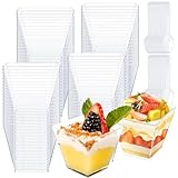 60 Stück Desserttasse mit 100 Stück Löffeln, Dessert Cups 60ml, Dessertgläser, Desserttassen Klare Wiederverwendbar, Quadratischer dessertbecher für Pudding Mousse Tiramisu Eiscreme Dessert Party