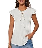 Damen Elegant Kurzarm Bowtie Business Shirt Sommer Casual Top Oberteil Rüschenärmel Wickelshirt Weiß M