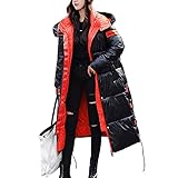 Onsoyours Damen Winterjacke Lange Daunenjacke Warm Parka Jacke mit Fellkapuze Steppjacke Wintermantel Casual Daunenmantel B Schwarz Orange M