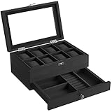 SONGMICS Uhrenbox mit 8 Fächern, Uhrenkasten aus Massivholz, mit Glasdeckel, Uhrenkissen, Schmuckaufbewahrung, Geschenk für Ihre Liebsten, weihnachten, schwarz JOW008B02