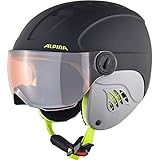 ALPINA CARAT LE VISOR Q-LITE - Hochwertiger & Leichter Skihelm Mit Kontrastverstärkendem Visier Für Kinder, charcoal-neon matt, 48-52 cm