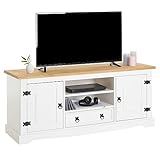 Lowboard Tequila im Mexiko Stil in weiß/braun, Elegante TV Bank mit 2 Fächern aus massiver Kiefer, TV Unterschrank mit Türen und Schubladen