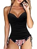 Yutdeng Tankini Damen Push Up Badeanzug Bauchweg Tankini Oberteil mit Bügel Rüschen Kordelzug Side Verstellbarer Schultergurt Bademode Zweiteiliger Tankini Bikini Set mit Slip,Rosa,M