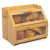 GREELUE Bambus Brotkasten mit Belüftung, Großer Brotbox, 2 Etagen und Sichtfenster, Holz Brotbehälter für Hörnchen, Brötchen, Brotaufbewahrung Küche (Bambus)