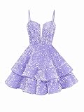 petyoo Kurzes Paillettenkleid für Teenager 2024, glitzernd, A-Linie, gestufter V-Ausschnitt, Mini-Abschlussballkleid, Abschlussballkleid, Partykleid, Lavendel, 36