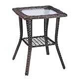Bonnlo Rattan Beistelltisch mit Glasplatte, Balkonmöbel Grau/Braun, Gartenmöbel klein, Balkontisch Outdoor wetterfest, 46x46x57 cm (Braun)