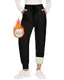 CAMPSNAIL Warme Damen Jogginghose Gefütterte mit 2 Taschen Kordelzug Winter Fleece High Waist Lange Sportleggins Trainingshose Freizeithose Sweathose Schwarz,M