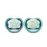 Philips AVENT ultra air Nighttime Schnuller – 2er Pack, BPA-freier, atmungsaktiver, im Dunkeln leuchtender Schnuller für Babys von 6-18 Monaten, inklusive Transport und Sterilisationsbox, Sterne/Mond