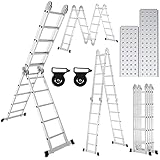 Fiqops 4x5 Stufen Aluminium Mehrzweckleiter bis 150 kg, 5.8M Multifunktionsleiter mit plattform, Leiter mit 2 Gerüstplatten, Trittleiter, Mehrzweckleiter, Klappleiter 20 Stufen, Silber