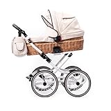 ZEKIWA Retro Kinderwagen [NATURWEIDE] Korbkinderwagen + Wickeltasche - 14 Zoll Stahlfelgen weiß - Babywagen Gestell weiß - Gestell in weiß - ZEKIWA Nature Vanille + Regenschutz + Insektenschutz