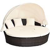 COSTWAY Ø185cm Sonneninsel Rattan mit Dach und Tisch, Sonnenliege für 2 Personen, Gartenliege mit Sitz- und Rückenkissen, Lounge Möbel Outdoor, runde Liegeinsel für Garten, Terrasse (Beige)