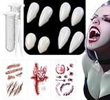 RUIXUE® 10 Stück Vampir zähne Erwachsene, 4 Größen Vampir zähne, 3 Stück Halloween Tattoos, mit 2 Tube Zahnpellets Kleber, für Cosplay Party Requisiten Halloween Horror Party Reißzähne. (Weiß-B)