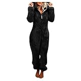 Pyjama, Overall, Damen, bedruckt, Baumwolle, Overall, Unisex, Strampelanzug, Flanell, sehr warm, Komfort & Weichheit Homewear, Schwarz , 36