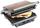 Bestron elektrischer Kontaktgrill mit Auffangschale, Sandwichmaker mit Cool-Touch-Handgriff & Antihaftbeschichtung, Paninimaker mit 1000 Watt, ASW113CO, Farbe: Kupfer, Ø 28,5 cm