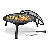 Relaxdays Feuerschale, Ø Schale 51 cm, klappbare Beine, Grillrost, Funkenschutz, Schürhaken, Feuerstelle Garten, schwarz