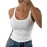 Damen Spaghettiträger Geripptes Unterhemd Slim Fit Sport Baumwollunterhemd Rundhals Basic Lagenhemd Camisole (White,XXL)