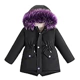 linboo Winterjacke Mädchen Winterparka Gefüttert Warme Jacke Kinder Wintermantel Outdoor Winddich Parka mit Fellkapuze, Schwarz, 134-140