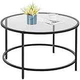 Yaheetech Couchtisch Runder Kaffeetisch mit verstellbaren Schutzfüßen Beistelltisch Wohnzimmertisch aus Hartglas und Metallgestell Moderner Glastisch fürs Wohnzimmer/Balkon, 80 × 80 × 45 cm Schwarz