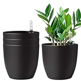 T4U 22cm Selbstwässernder Blumentopf mit Wasseranzeiger Schwarz 4er-Set, Selbstbewässerung Wasserspeicher Pflanzgefäß Übertopf für Innen- und Außenbereich