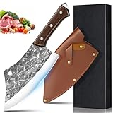 KEPEAK 32cm Ausbeinmesser - Hochcarbonstahl Klinge mit 90° extrem scharfer Messer, Ergonomischem Griff, ideal für Fisch, Fleisch Entbeinen, metzgermesser mit Leder-Messerscheide, für Küche und BBQ.