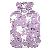 Wärmflasche mit Bezug, 2 l Wärmflasche, lila Katzenmuster, Handfüße für Kinder, Männer und Frauen