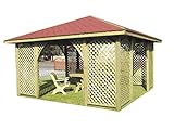 PAVILLON HOLZPAVILLON GARTENLAUBE mit HOLZDACH 4m x 4m (äußer 4.45m) mit Schindeln