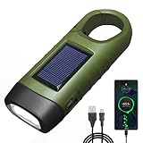 REKALRO LED Taschenlampe USB Aufladbar, LED Taschenlampe für Aufladen Telefon, Kurbeltaschenlampe, Solar Taschenlampe mit Wandern Schnalle, Taschenlampe Kurbel für Notfall/Outdoor/Camping (Grün)