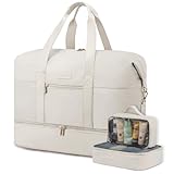 LOVEVOOK Weekender Reisetasche Damen Sporttasche Handgepäck Tasche Groß Kliniktasche Eeburt Travel Bag Duffle Bag mit Kulturtasche Schuhfach für Flugzeug Reisen, Beige