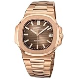 Alienwork Automatikuhr Armbanduhr Herren Damen Roségold Edelstahl Metallarmband Kalender Datum Braun Kalender Glasboden Wasserdicht 5 ATM