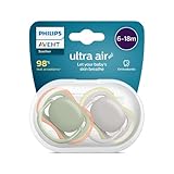 Philips AVENT Ultra Air Schnuller, BPA-freier Schnuller für Babys von 6 bis 18 Monaten, Khaki/Orange und Grau/Gelb, 2er-Pack (Modell SCF085/20)