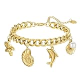 Joo&Rind Muschel Armband Damen Charm Armband Gold, 18k Vergoldet Gliederarmband Edelstahl Armband Damen Gold, Kleines Geschenke für Frauen (Sea Cuban Chain)