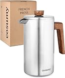 Cosumy French Press aus Edelstahl und FSC Holz - 1 Liter - Doppelwandige Thermo Isolierung - Große Kaffebereiter mit 2 Ersatzfiltern