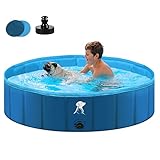 Fwiull Hundepool für Große & Kleine Hunde, Faltbarer Hunde Planschbecken 160 * 30CM Hundebadewanne Stabiler Swimmingpool Haustier Kind Schwimmbecken rutschfest Tragbar Blau