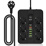 Mehrfachsteckdose, Steckdosenleiste 6-Fach mit 5 USB, Mehrfachsteckdose Wandmontage mit Schalter und 2M Kabel, Schreibtisch Steckdosenleiste, Schnellladung Steckdosenleiste für Büro & Zuhause, Schwarz