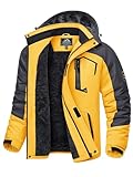 KEFITEVD Herren Skijacke Warm Gefütterte Softshelljacke Winter Atmungsaktiv Outdoorjacke Verdick Winddicht Übergangsjacke mit Kapuze Grau-gelb L