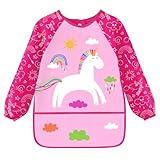 MorLuks Malschürze kinder 3-8 jahre, Malkittel KinderEinhorn rosa, Bastelschürze kinder mit 3 Taschen, Malkittel schule 1, Klasse mädchen, Länge 58cm