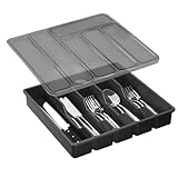 APOMOONS Besteckkasten mit Deckel, Besteckkasten für Camping Kunststoff besteck aufbewahrung Sortierschale für Arbeitsplatte/Reisen/küchenbrett für Löffel Gabeln Messer Einsatz 6 Fächer Schwarz