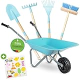 PHIBER-SPORTS Schubkarre Kinder + Gartenwerkzeug Kinder aus Metall - Kinderschubkarre mit Gartenwerkzeug: Schaufel, Kinderbesen, Kinderrechen, Laubrechen + Wetterfeste Sticker - Für Garten & Strand