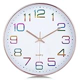 Lafocuse 3D Ziffern Bunt Lautlos Wanduhr Rosegold, 30cm Modern Ohne Tickgeräusche, Leicht zu Lesen Wanduhr Analog Deko für Wohnzimmer Küche Schule Kinderzimmer