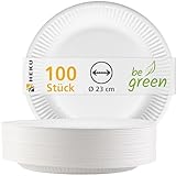 HEKU große Pappteller Ø 23cm, 100 Stück, weiß I 100% Kompostierbar I Robustes 220g/m² Frischfaser I Ideal für verschiedenste Anlässe I Umweltfreundliche Einwegteller