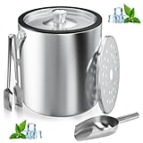 Eiswürfelbehälter, 2L Eisbehälter rund mit Sieb und Eiszange, Eiswürfelbehälte, Eiskübel mit Schaufel, Doppelwandiger Lsolierter Eiseimer, zur Aufbewahrung von Eis und zum Kühlen von Getränken