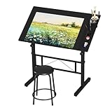 Dripex Zeichentisch 0-60° Neigbar Architektentisch Verstellbarer Tischplatte Höhenverstellbar Arbeitstisch Zeichnung Computertisch mit Hocker für Office und Home Schwarz